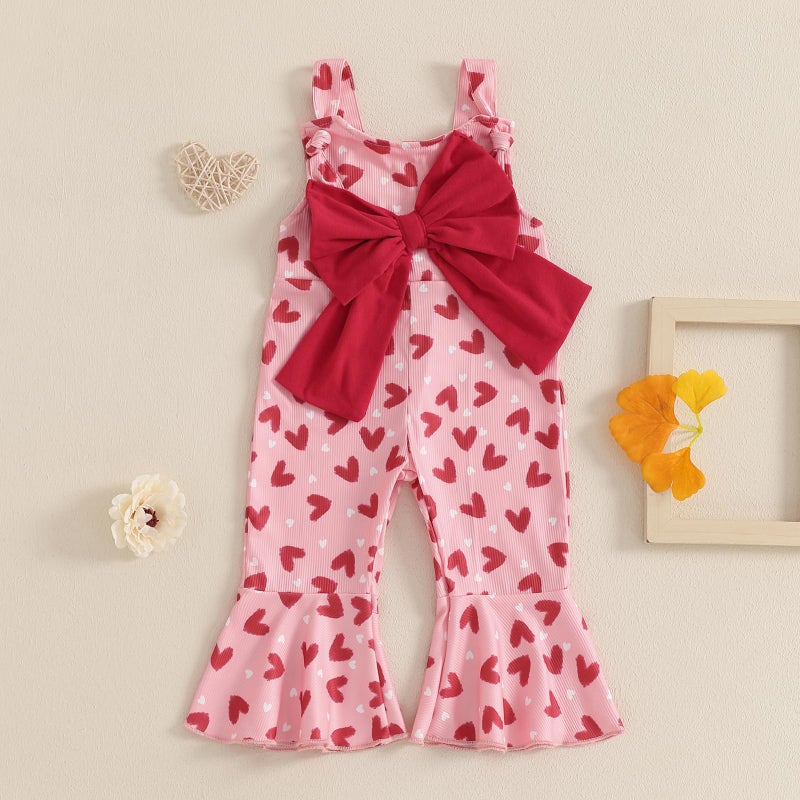 Socutebabe Toddler Kids Baby Girl Valentines Bell-Bottom Jumpsuit Romper Overalls Heart Print Flare Pants Outfits (Red, 3-4 Years) - Image 2