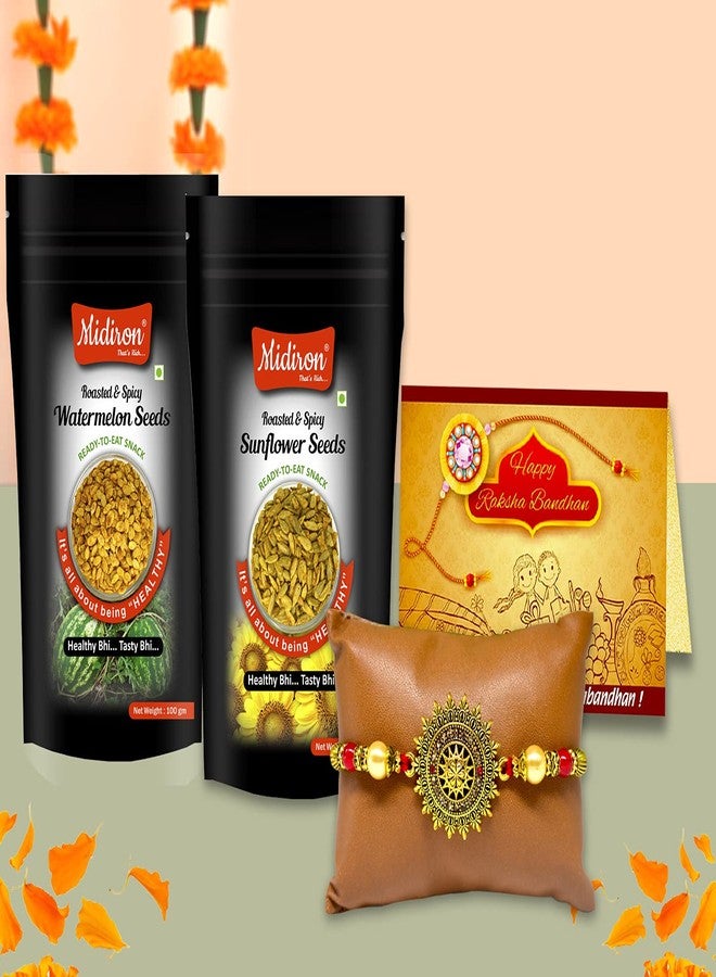 Midiron Rakhi for Brother, Rakhi with healthy snacks, Rakhi healthy combo Pack, Designer Rakhi with spicy Sunflower and Watermelon Seed (100 gm each) (IZ-60) - Image 1