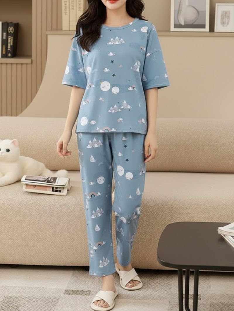SMOWKLY Women’s Korean Style Night Suit Set | Cotton Half Sleeve Top & Pyjama Set | Round Neck Printed Nightsuit | Comfortable Nightwear & Loungewear for Women(1128CRTN_DBL_XS) Dusty Blue - Image 2