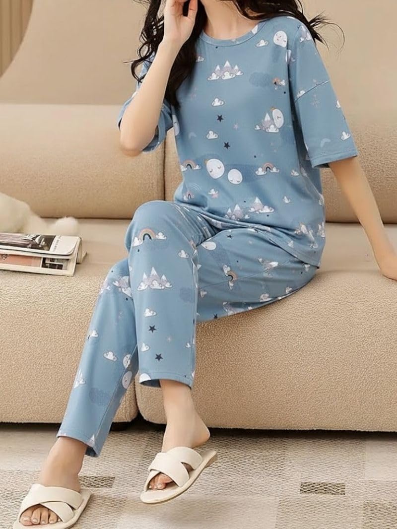SMOWKLY Women’s Korean Style Night Suit Set | Cotton Half Sleeve Top & Pyjama Set | Round Neck Printed Nightsuit | Comfortable Nightwear & Loungewear for Women(1128CRTN_DBL_XS) Dusty Blue - Image 3