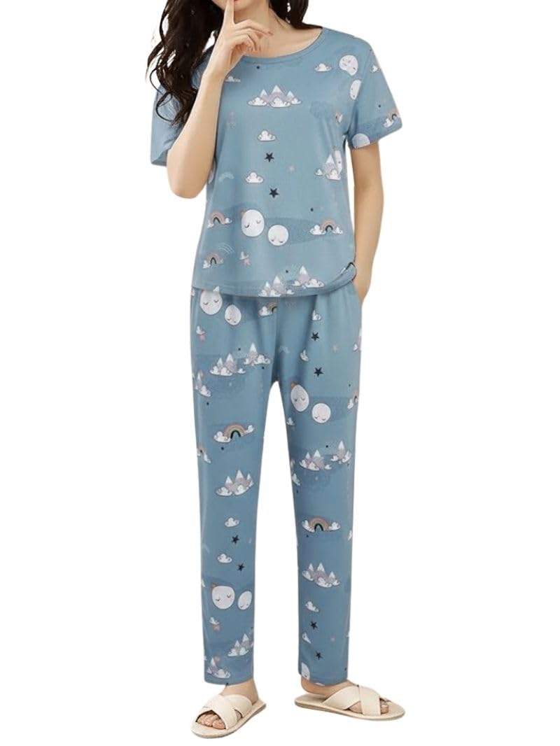 SMOWKLY Women’s Korean Style Night Suit Set | Cotton Half Sleeve Top & Pyjama Set | Round Neck Printed Nightsuit | Comfortable Nightwear & Loungewear for Women(1128CRTN_DBL_XS) Dusty Blue - Image 1