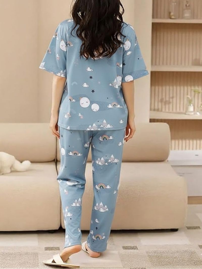 SMOWKLY Women’s Korean Style Night Suit Set | Cotton Half Sleeve Top & Pyjama Set | Round Neck Printed Nightsuit | Comfortable Nightwear & Loungewear for Women(1128CRTN_DBL_XS) Dusty Blue - Image 4