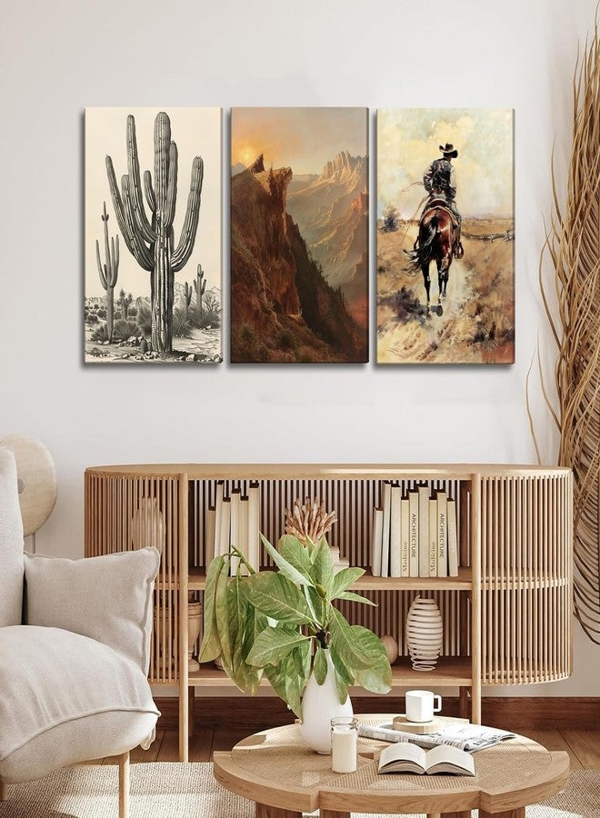 yulihaz Western Decor Desert Cowboy Wall Art Set of 3 Vintage Farmhouse Wall Decor Aesthetic Southwestern Canvas Poster Artwork Prints for Home Bedroom Bathroom Living Room Framed 12x16 inch - Image 3