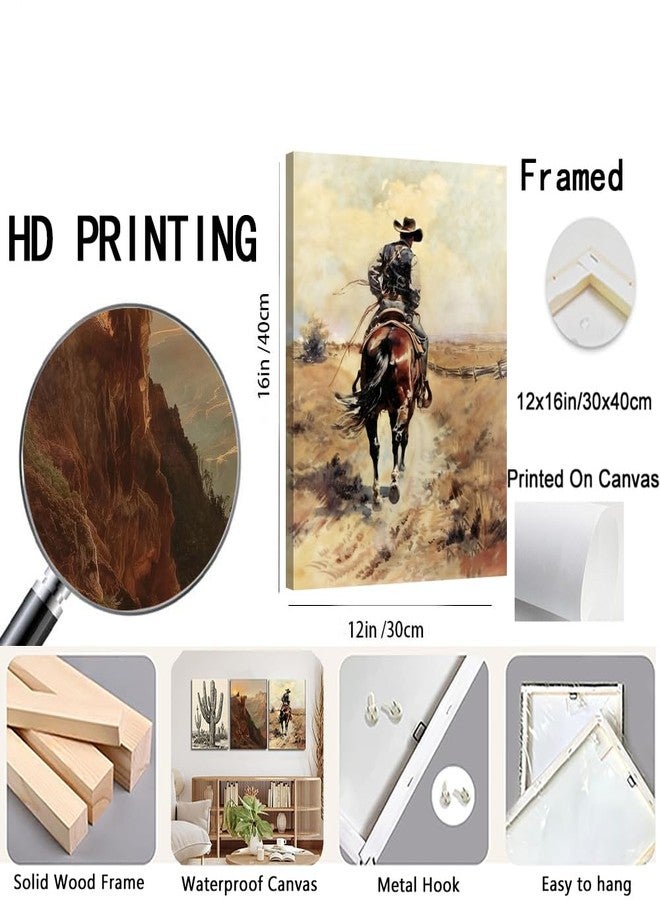 yulihaz Western Decor Desert Cowboy Wall Art Set of 3 Vintage Farmhouse Wall Decor Aesthetic Southwestern Canvas Poster Artwork Prints for Home Bedroom Bathroom Living Room Framed 12x16 inch - Image 2