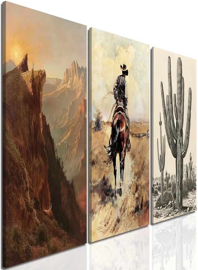 yulihaz Western Decor Desert Cowboy Wall Art Set of 3 Vintage Farmhouse Wall Decor Aesthetic Southwestern Canvas Poster Artwork Prints for Home Bedroom Bathroom Living Room Framed 12x16 inch - Image 1