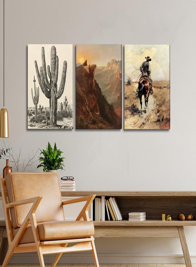 yulihaz Western Decor Desert Cowboy Wall Art Set of 3 Vintage Farmhouse Wall Decor Aesthetic Southwestern Canvas Poster Artwork Prints for Home Bedroom Bathroom Living Room Framed 12x16 inch - Image 5