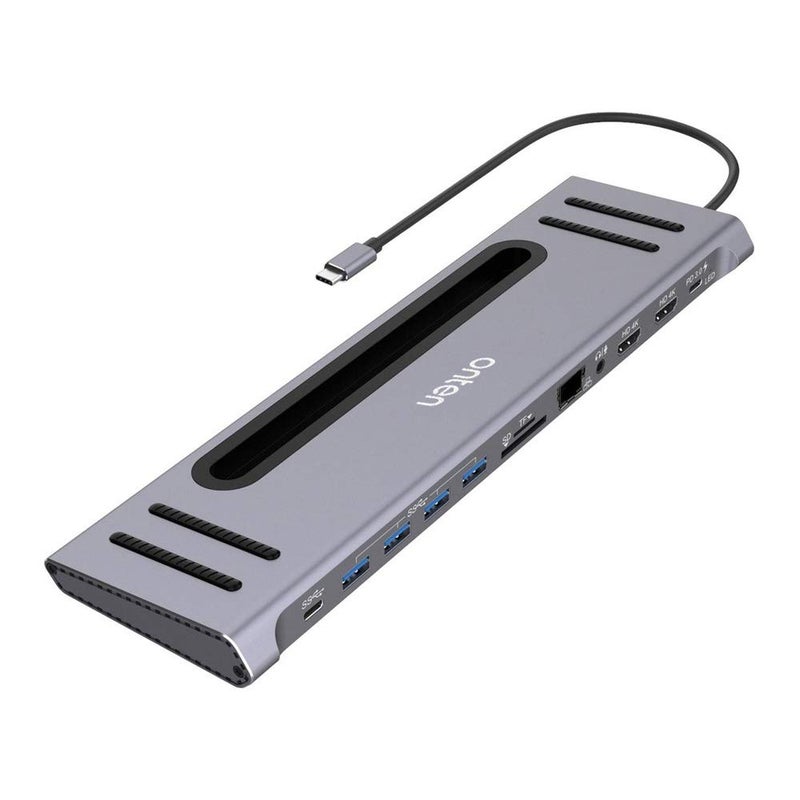Onten 12 in 1 USB-C Docking station with 2*HDMI 4K, 2*USB-C, 4*USB 3.0, Gigabit port, SD/TF Card Readers and 3.5mm Audio for MacBook/Pro/Air, iPad Pro, Laptops, Tablets, Mobile Phones OTN-9199 (Grey)
