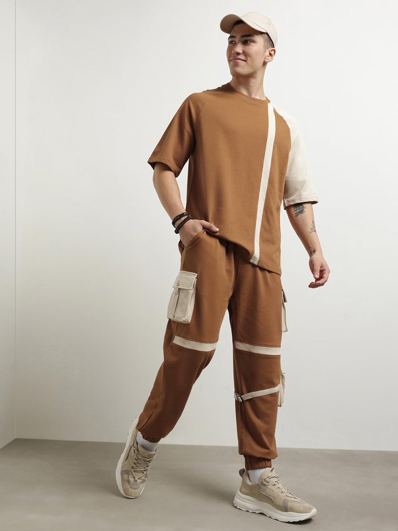 NOBERO Cotton Blend Men Colorblock Solid T-Shirt With Joggers, Large, Brown - Image 4
