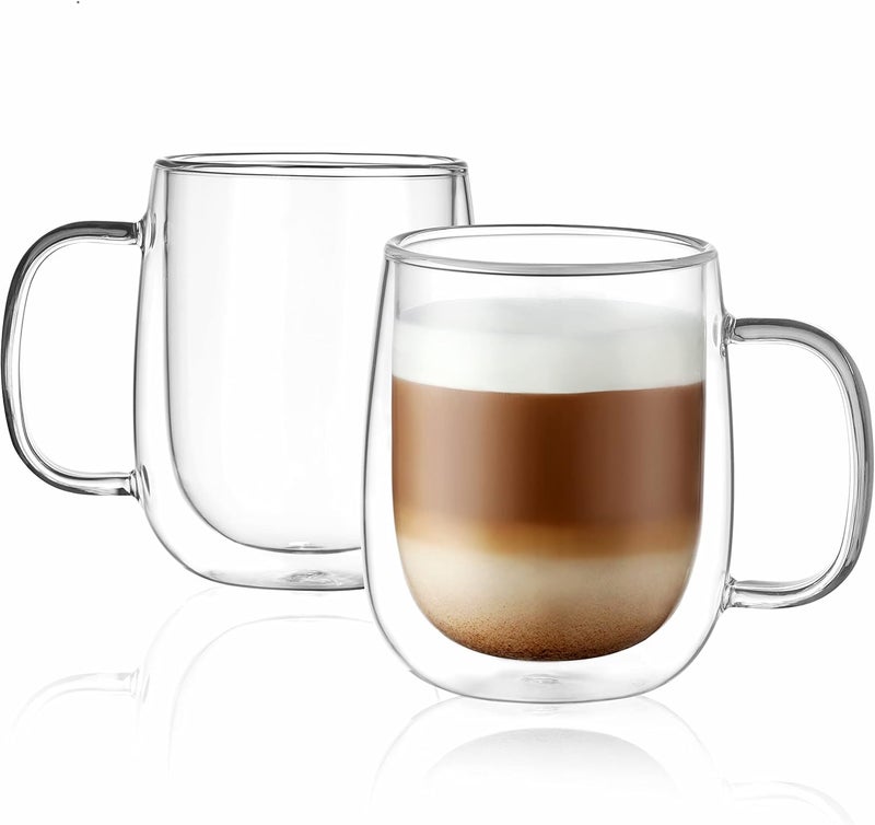 CnGlass Glass Coffee Mugs 12oz,Double Wall Insulated Mug Set with Handle,Clear Glass Espresso Mugs for Latte,Cappuccino,Tea Bag,Hot and Cold Beverages,Set of 2 - Image 1