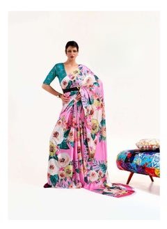 Pink Satin Floral Print Saree with Contrast Green Colour Unstitched Blouse