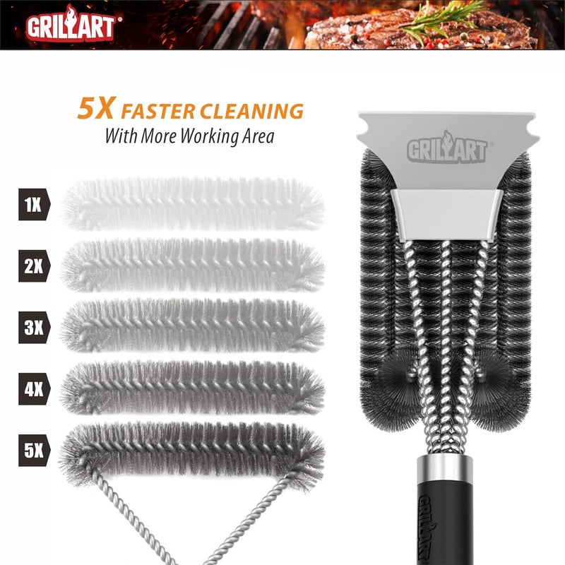 GRILLART فرشاة شواء ومكشطة بمقبض فاخر، فرشاة شواء سلكية آمنة، فرشاة تنظيف الشواء، منظف شبكة الشواء لشوايات الغاز والأشعة تحت الحمراء والفحم والخزف، BR-8529 أسود فضي - Image 4