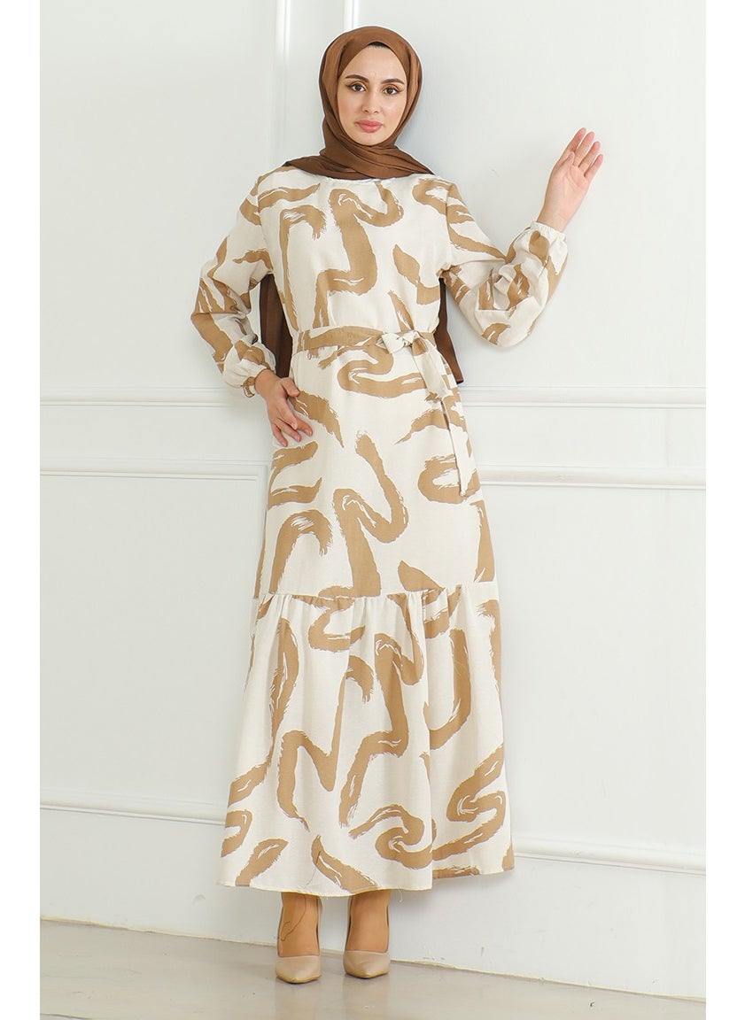 Patterned Belted Linen Dress 0471A-05 Beige Milk Coffee - pzsku/Z86E5401C8F27867173CEZ/45/_/1738793495/9831f922-5c11-444e-8ad0-6d7ced41bcac