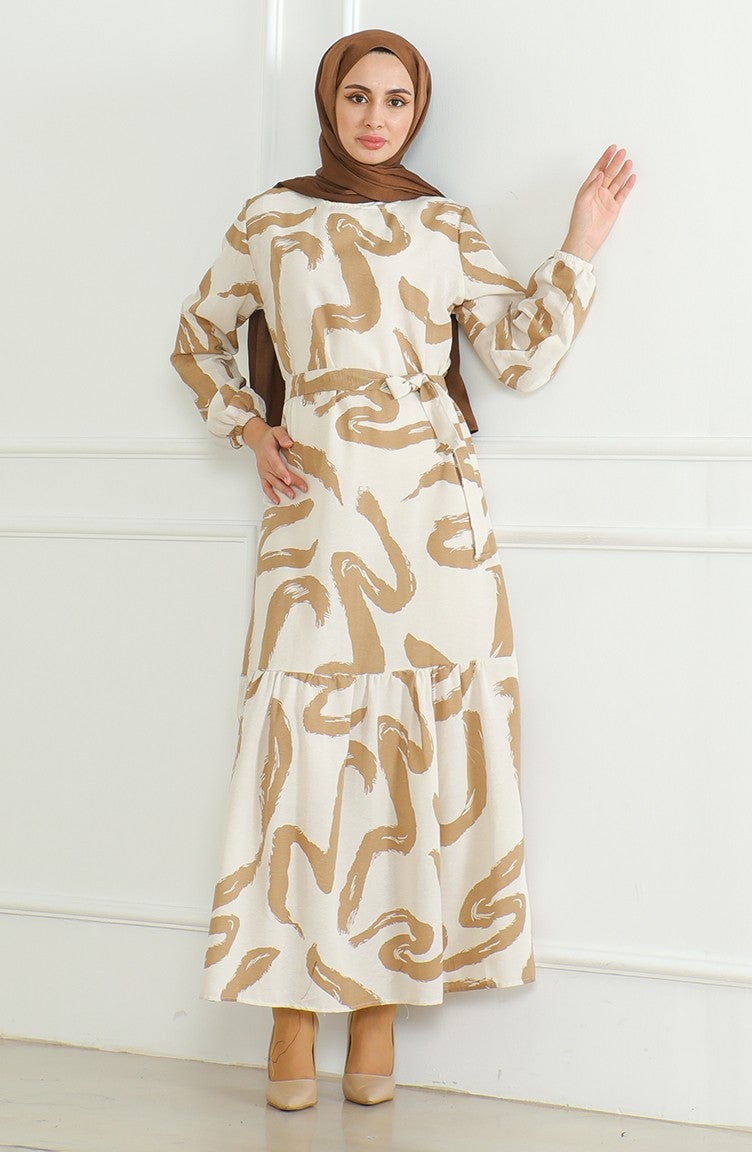 Sefa Merve Patterned Belted Linen Dress 0471A-05 Beige Milk Coffee - Image 1