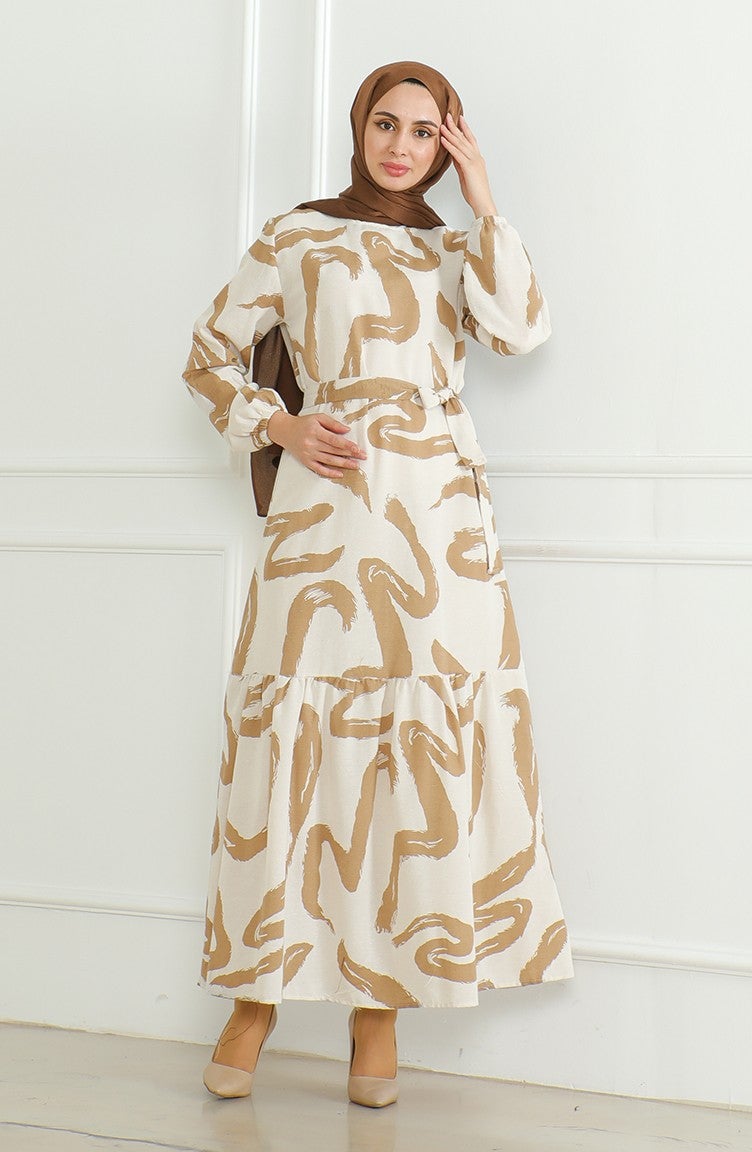 Sefa Merve Patterned Belted Linen Dress 0471A-05 Beige Milk Coffee - Image 2