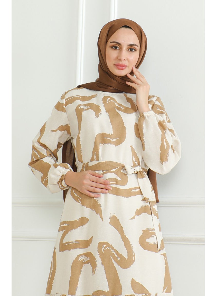 Patterned Belted Linen Dress 0471A-05 Beige Milk Coffee - pzsku/Z86E5401C8F27867173CEZ/45/_/1738793499/2bece446-9868-4563-9aa3-99ac8a454676