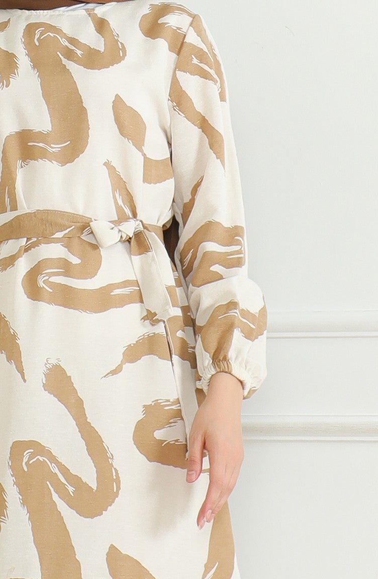 Sefa Merve Patterned Belted Linen Dress 0471A-05 Beige Milk Coffee - Image 4