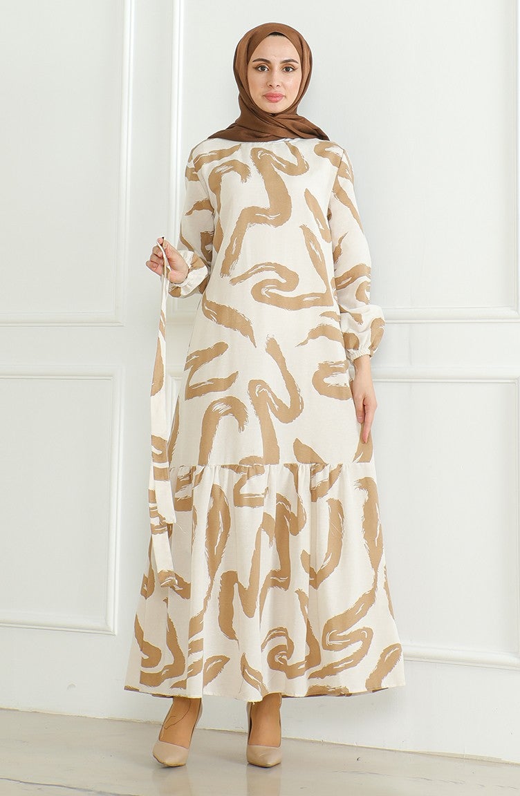 Sefa Merve Patterned Belted Linen Dress 0471A-05 Beige Milk Coffee - Image 5