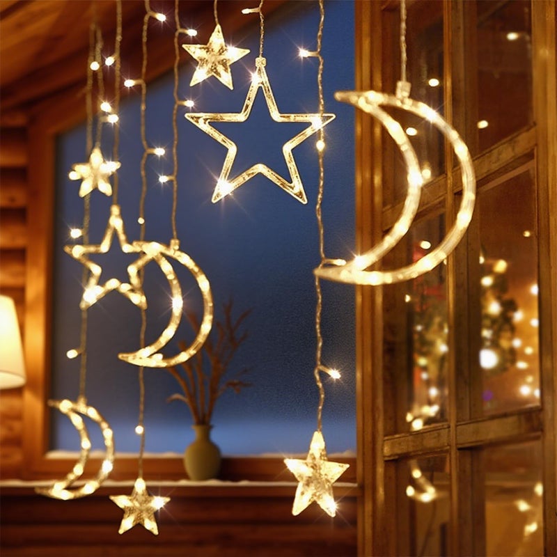 SCIENISH 3.5M Decorative Starry String LED Night String Lights Stars Shaped And Moon Curtain Decorative Lights Holiday Decoration Ramadan Gift，USB and Battery Powered (Warm White, Plug-in version) - Image 4