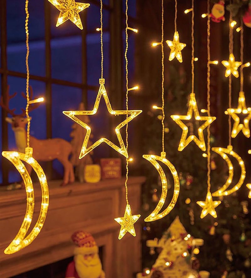 SCIENISH 3.5M Decorative Starry String LED Night String Lights Stars Shaped And Moon Curtain Decorative Lights Holiday Decoration Ramadan Gift，USB and Battery Powered (Warm White, Plug-in version) - Image 5