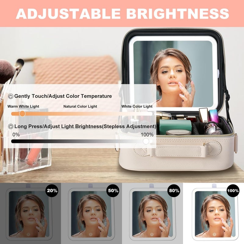 Mocado Travel Makeup Bag with LED Lighted Mirror,Travel Makeup Organizer,Makeup Case with 3 Color Lighted Setting and 10x Magnifying Mirror,Portable Storage and Adjustable Dividers Makeup Box(Beige) - Image 3