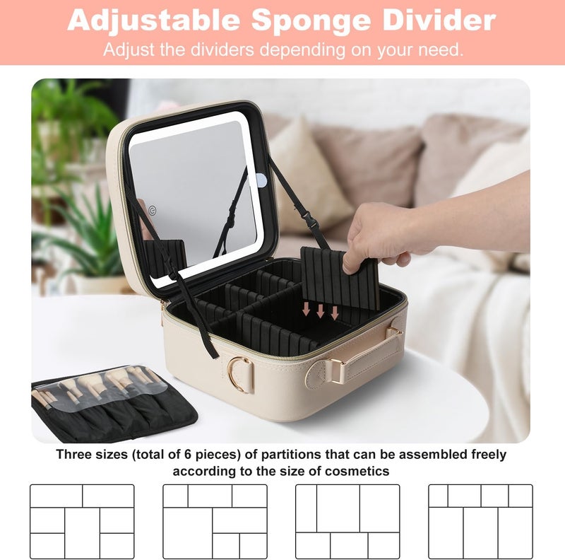 Mocado Travel Makeup Bag with LED Lighted Mirror,Travel Makeup Organizer,Makeup Case with 3 Color Lighted Setting and 10x Magnifying Mirror,Portable Storage and Adjustable Dividers Makeup Box(Beige) - Image 4