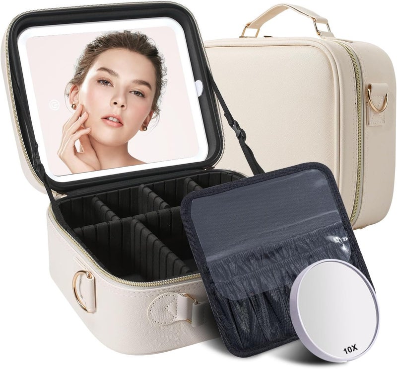 Mocado Travel Makeup Bag with LED Lighted Mirror,Travel Makeup Organizer,Makeup Case with 3 Color Lighted Setting and 10x Magnifying Mirror,Portable Storage and Adjustable Dividers Makeup Box(Beige) - Image 1