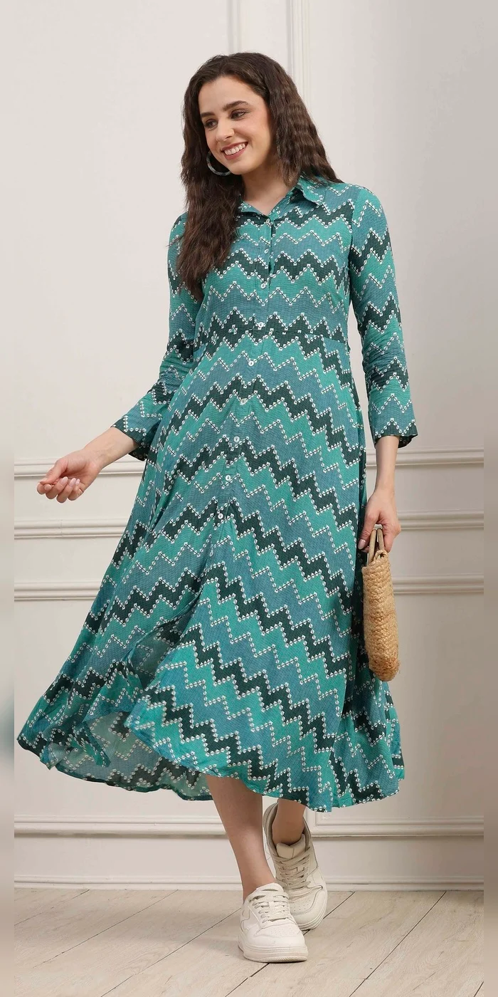Women Turquoise Chevron Block Printed Shirt-Style Flared Dress