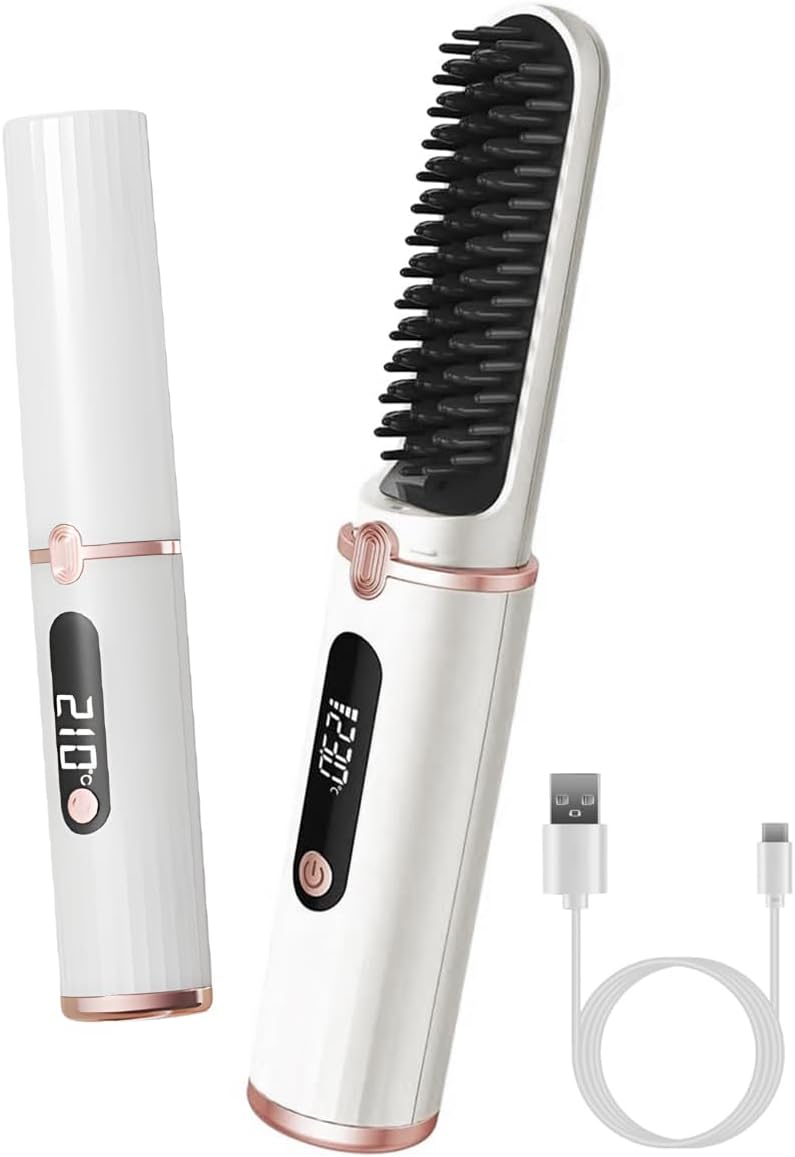 ECVV Portable Hair Straightener Brush Mini Cordless Hair Straightening Comb with Anti-Scald Ceramic Plate, Ionic Hair Straightening Brush for Travel 4 Temp Set LED Display - Image 1