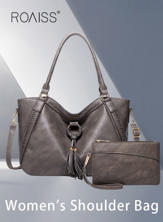 roaiss Women's Tote Bag Set with Zipper, Large Crossbody Bag with Fringe Detail, Adjustable Shoulder Strap, Small Handbag Set, PU Leather Wallet, Gray - Image 1