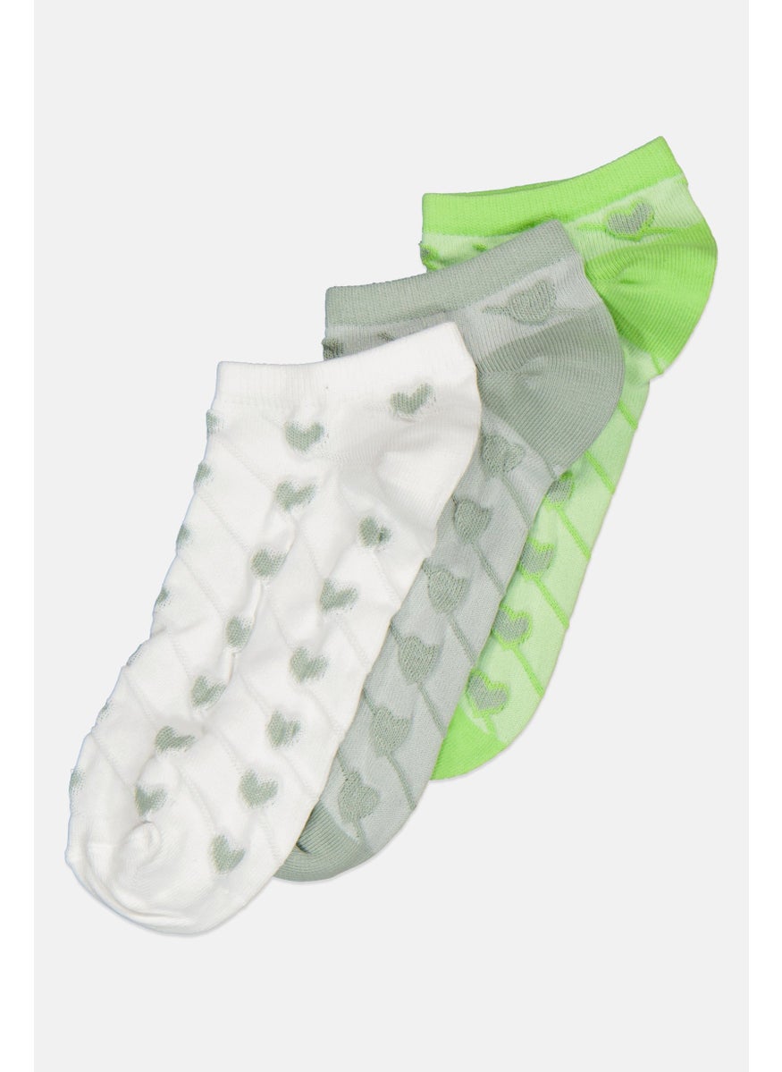 XOXO - Women 3 Pair Embossed Ankle Socks, Lime/White/Sage - Image 1
