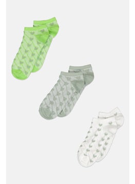 Women 3 Pair Embossed Ankle Socks, Lime/White/Sage