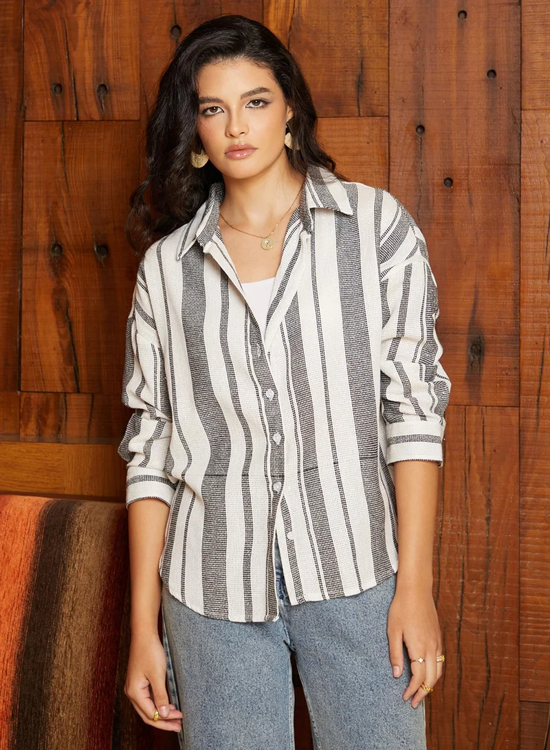 Campus Sutra Women's Grey & White Multitrack-Striped Oversized Shirt For Casual Wear | Spread Collar  | Long Sleeve | Button Closure | Oversized Shirt Crafted With Comfort Fit For Everyday Wear
