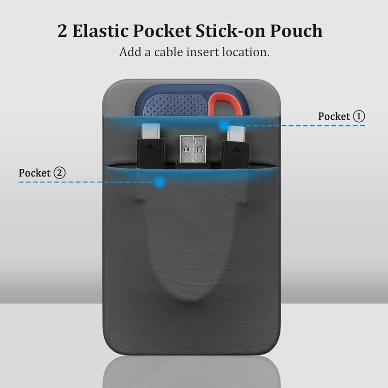 Lacdo Portable Hard Drive Sleeve for Laptop, 2-Pocket Stick on Pouch with Reusable Adhesive, for SanDisk, Samsung, Crucial, Portable External Solid State Drive SSD Hard Drive Carrying Case, Dark Gray - Image 5