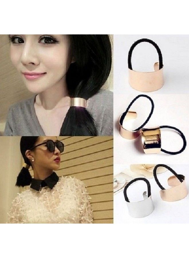 El Regalo Circle Cuff Elastic Ponytail Holders Hair Tie ; Curved Cuff Semicircle Elastic Stretch Ponytail Holder Hair Rubber Band For Girls & Women (1 Golden & 1 Silver) - Image 4