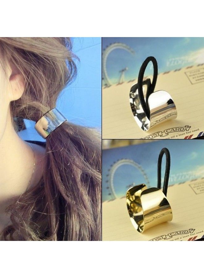 El Regalo Circle Cuff Elastic Ponytail Holders Hair Tie ; Curved Cuff Semicircle Elastic Stretch Ponytail Holder Hair Rubber Band For Girls & Women (1 Golden & 1 Silver) - Image 3