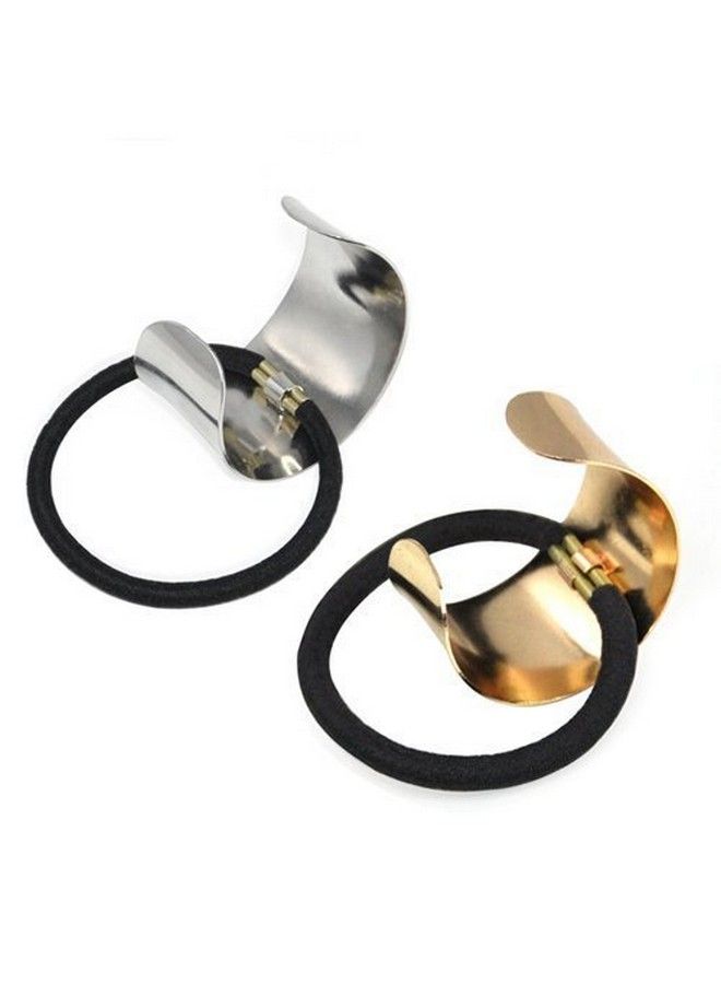 El Regalo Circle Cuff Elastic Ponytail Holders Hair Tie ; Curved Cuff Semicircle Elastic Stretch Ponytail Holder Hair Rubber Band For Girls & Women (1 Golden & 1 Silver) - Image 1