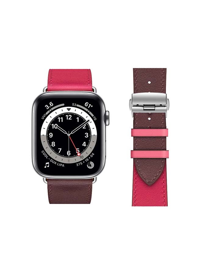 Perfii Genuine Leather Replacement Band with Silver Buckle for Apple Watch Series 6/SE/5/4/3/2/1 44/42mm Pink/Brown - Image 2