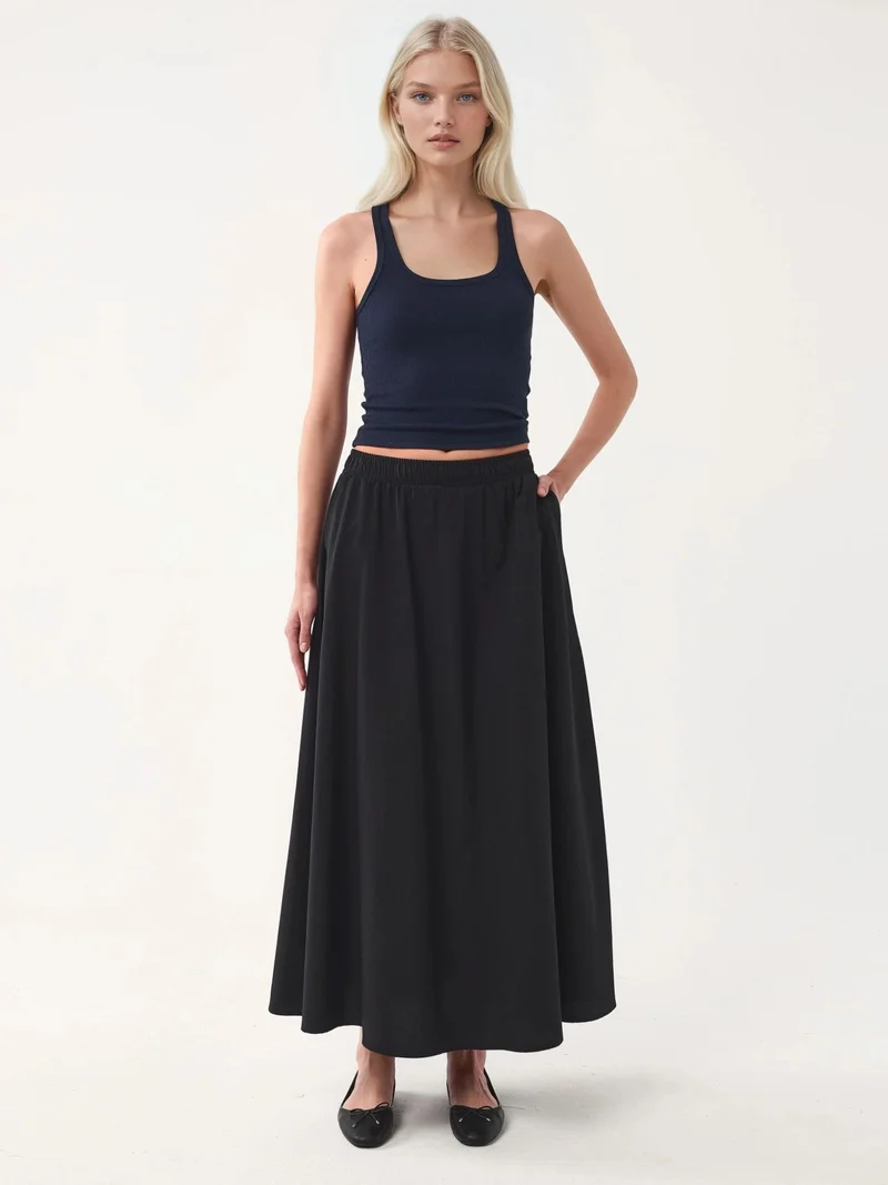 Busem Black BUSEM Elastic Waist Midi Skirt with Pockets for Women | Best Price UAE