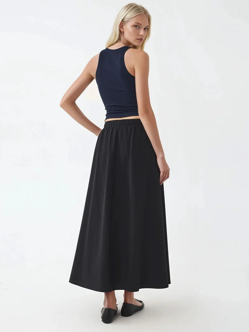 Busem Black BUSEM Elastic Waist Midi Skirt with Pockets for Women | Best Price UAE