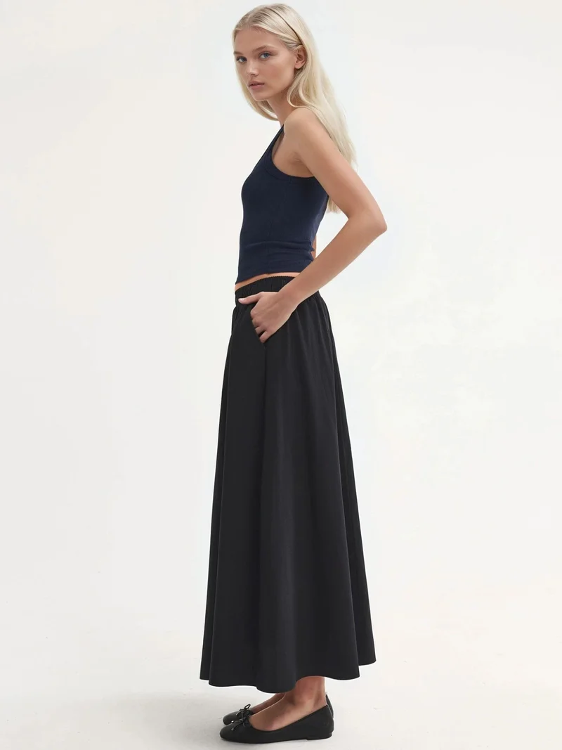 Busem Black BUSEM Elastic Waist Midi Skirt with Pockets for Women | Best Price UAE