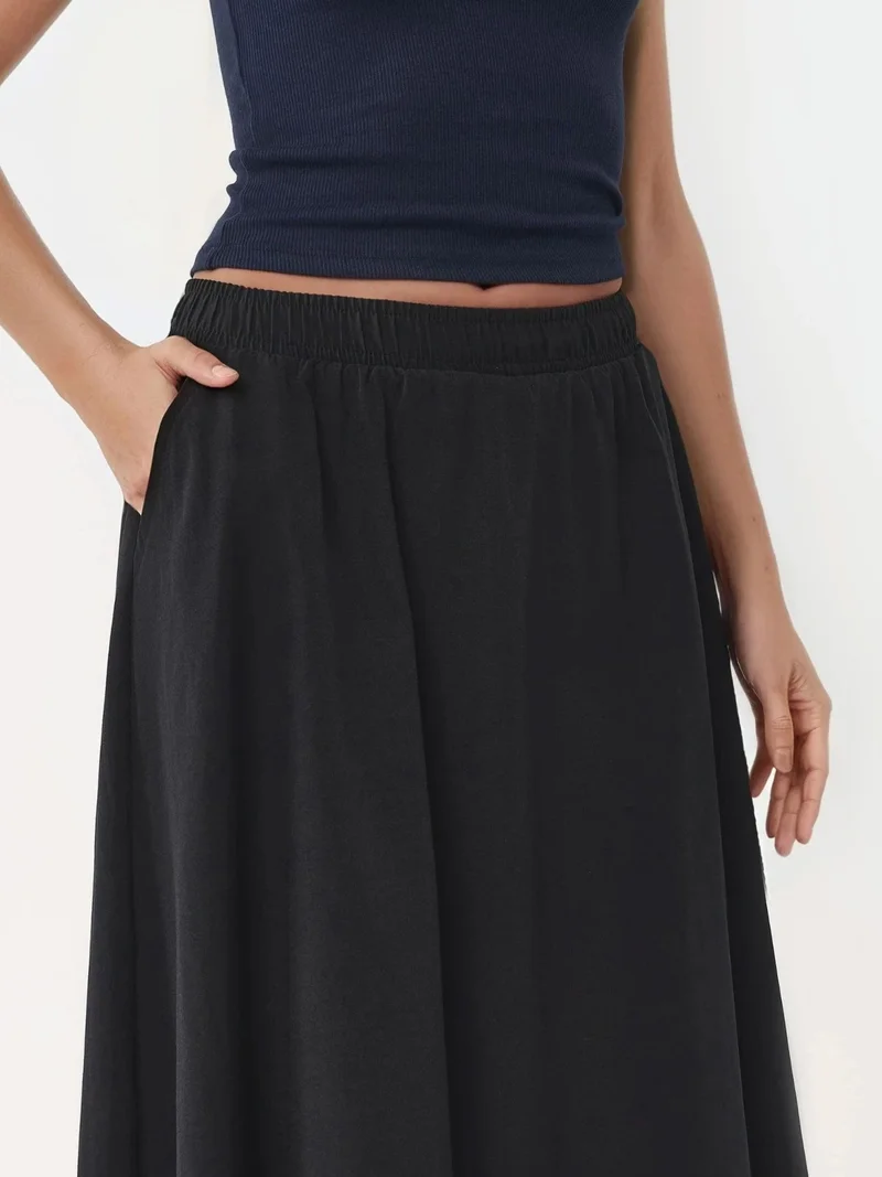 Busem Black BUSEM Elastic Waist Midi Skirt with Pockets for Women | Best Price UAE