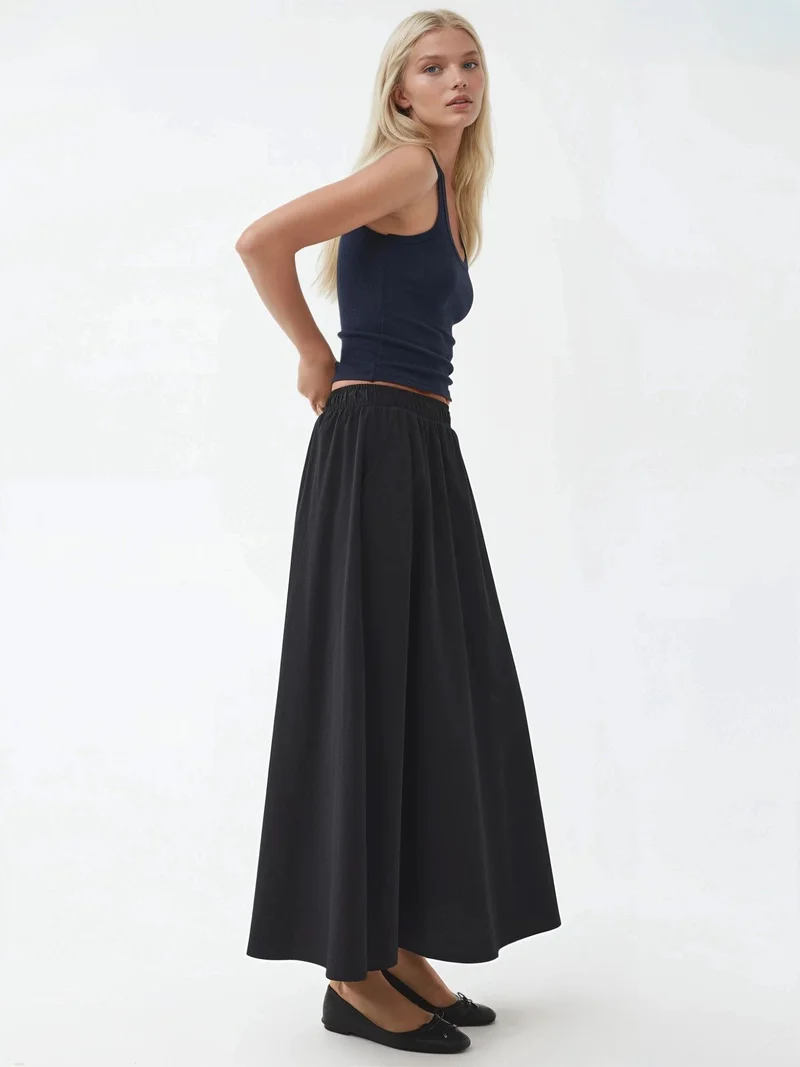 Busem Black BUSEM Elastic Waist Midi Skirt with Pockets for Women | Best Price UAE