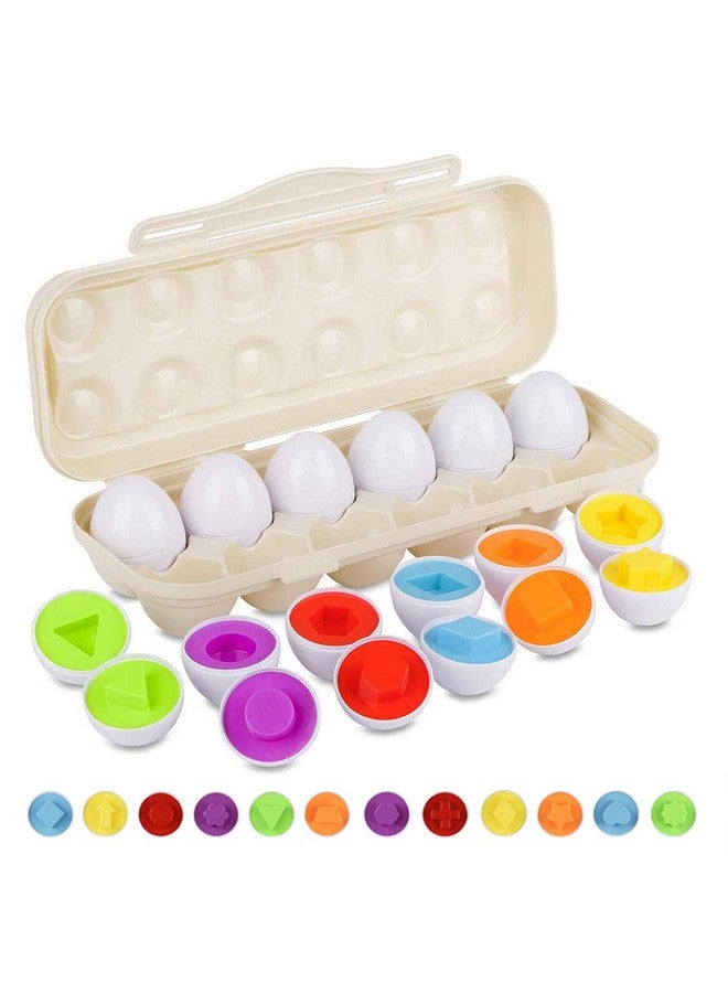 Hhyn Matching Eggs Set with Beige Eggs Holder, Upgraded Toddler Egg Toys Learning Shapes and Colors Educational Puzzle Sorting Games Improve Motor Skills for Kids Easter Gift, 12 Eggs - Image 1