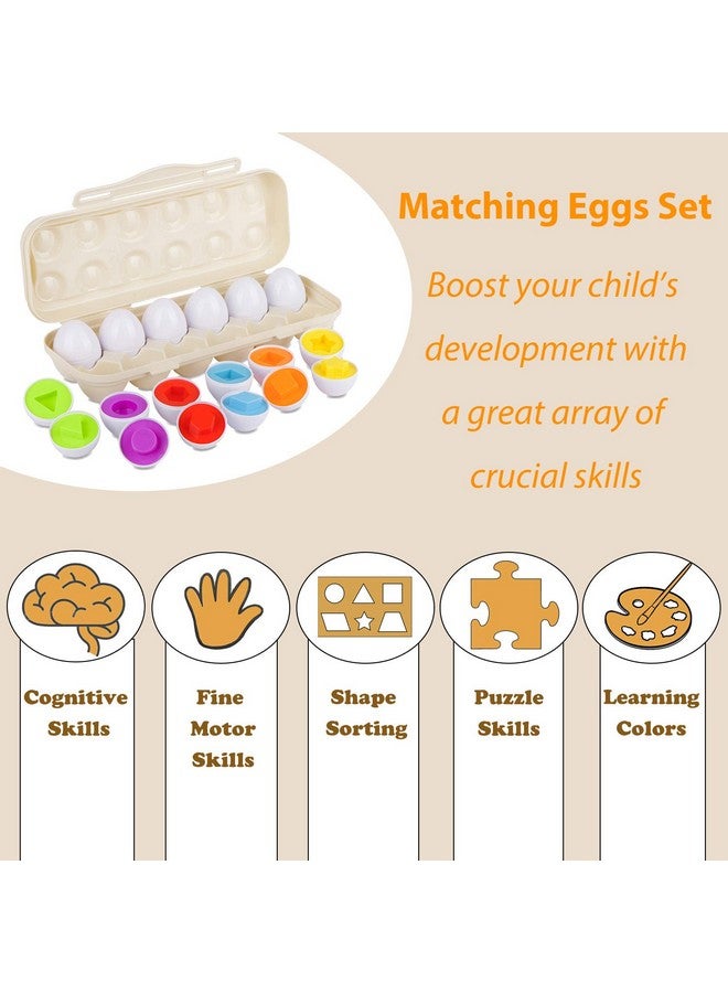 Hhyn Matching Eggs Set with Beige Eggs Holder, Upgraded Toddler Egg Toys Learning Shapes and Colors Educational Puzzle Sorting Games Improve Motor Skills for Kids Easter Gift, 12 Eggs - Image 3