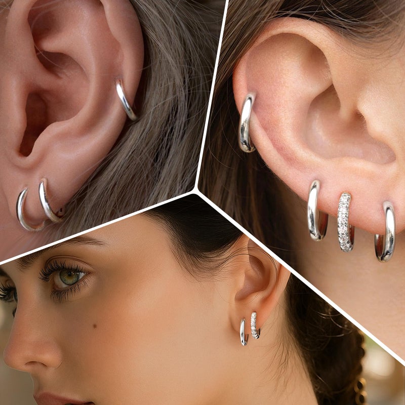 Poxtex 12mm Huggie Hoop Earrings Set for Women Men Trendy - Silver Plated Stack Cartilage Earring Multiple Piercing Lightweight Mini Thin Cute Dainty Clip On Jewelry Gifts for Women - Image 5