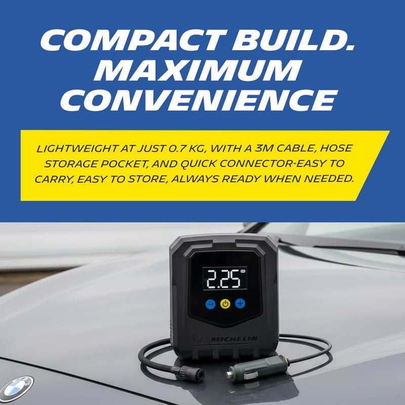 Michelin مضخة هواء رقمية صغيرة قابلة للبرمجة 12 فولت | مضخة هواء عالية التدفق 20 لتر/دقيقة مع ضغط أقصى 120 PSI، شاشة LED ووظيفة ضغط مسبق التعيين، إيقاف تلقائي، خرطوم توصيل سريع - Image 3