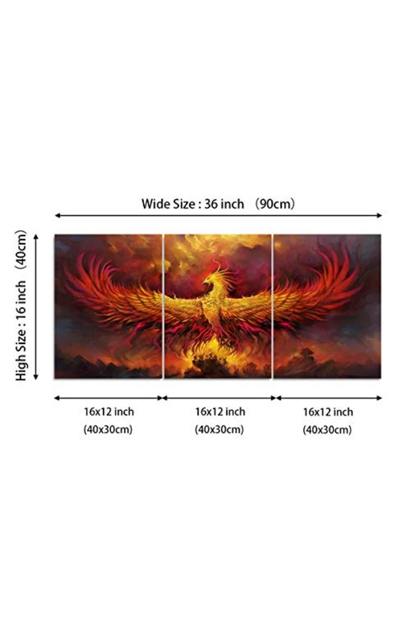 Yetaryy Fire Phoenix Wall Art Prints Volcanic Burning Phoenix Birds Canvas Picture Posters Prints Artwork 3 Piece Home Office Living Room Bedroom Decor Framed Ready to Hang - 36" W x 16" H - Image 2
