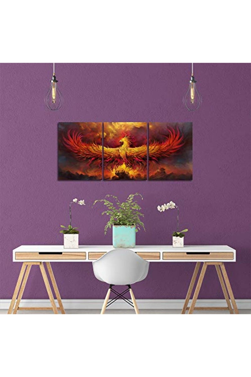 Yetaryy Fire Phoenix Wall Art Prints Volcanic Burning Phoenix Birds Canvas Picture Posters Prints Artwork 3 Piece Home Office Living Room Bedroom Decor Framed Ready to Hang - 36" W x 16" H - Image 5