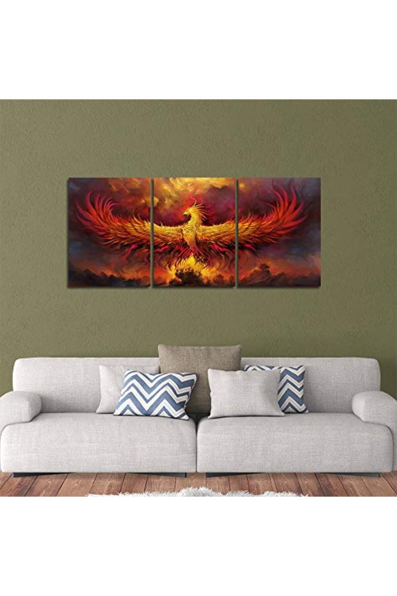 Yetaryy Fire Phoenix Wall Art Prints Volcanic Burning Phoenix Birds Canvas Picture Posters Prints Artwork 3 Piece Home Office Living Room Bedroom Decor Framed Ready to Hang - 36" W x 16" H - Image 3