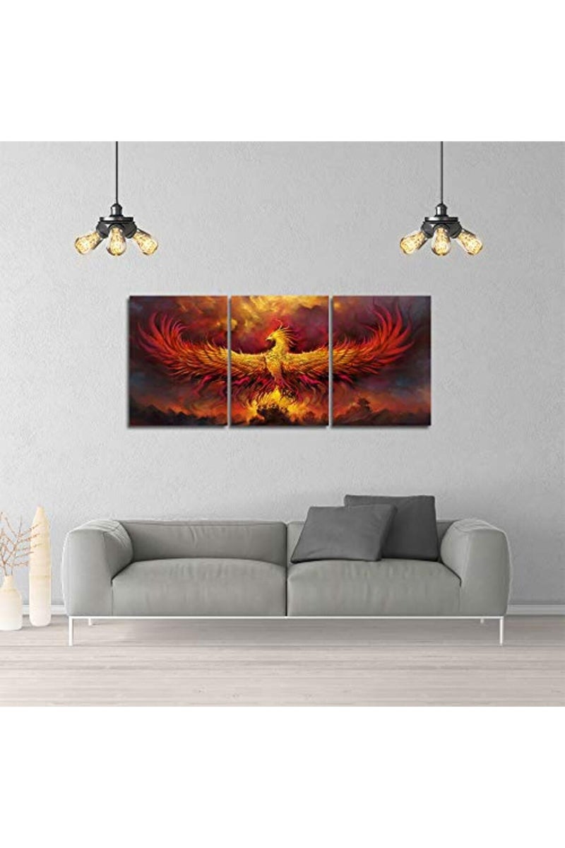 Yetaryy Fire Phoenix Wall Art Prints Volcanic Burning Phoenix Birds Canvas Picture Posters Prints Artwork 3 Piece Home Office Living Room Bedroom Decor Framed Ready to Hang - 36" W x 16" H - Image 4